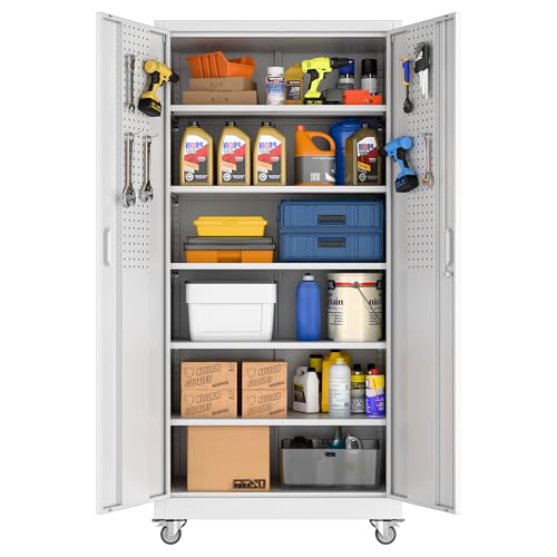 Reemoon Metal Cabinet with 5 Adjustable Shelves,casters and Door pegboard - color: White, size: 16"D x 32"W x 71"H