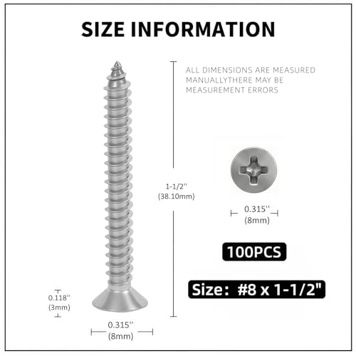 #8 x 1-1/2 [100 Pack] Flat Head Phillips Drive Self Tapping Screws, Sheet Metal Screws, 304 Stainless Steel (18-8), Corrosion Resistant Screws for Wood, Sheet Metal and More - size: #8 x 1-1/2