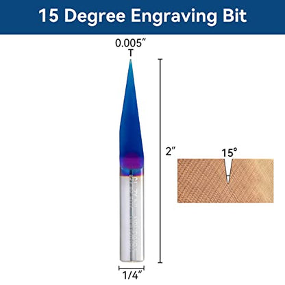 CNC V Bit 15 Degree Engraving Bit 0.005 Tip 1/4 Shank with Nano Blue Coat Solid Carbide V Groove Router Bit for Signmaking Carving - style: 15 Degree V Bit
