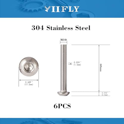 M10x1.5 Bolt, M10 x 60mm Button Head Socket Cap Bolts Screws,304 Stainless Steel(A2-70), Allen Hex Drive, Bright Finish, Fully Threaded, Quantity 6 - size: M10 x 60mm(6PCS)