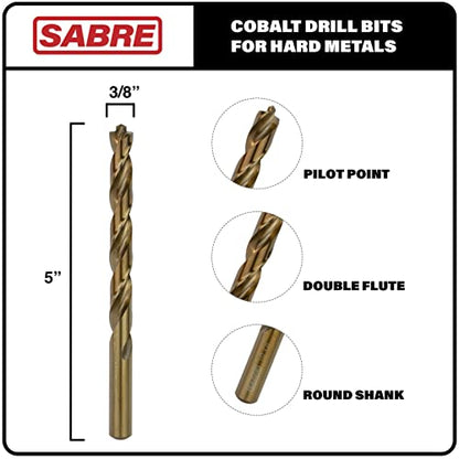 3/8 Inch Cobalt Drill Bit Set 5pcs Heavy-Duty Drill Bits for Metal, Steel, Cast Iron (3/8" x 5") - size: 3/8 in (5-Piece Set)