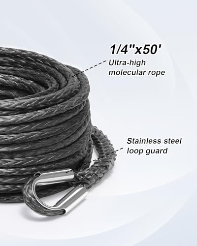 Kolvoii Synthetic Winch Rope Extension, 1/4 in x 50 ft, 10,000 lb, Grey - color: gray, size: 1/4 Inch x 50 Feet