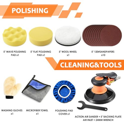 5-inch Pneumatic Random Orbital Sander Set, Dual-Action (DA) Pneumatic Handheld Sander, Low-Noise, Low-Vibration, Suitable for Auto Body Repair, Car Detailing, Woodworking, and Metalworking