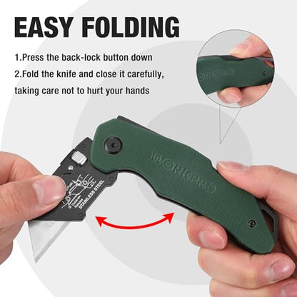 WORKPRO Folding Utility Knife G10 Handle with Stainless Steel Head, Quick-change Blade & Back Lock, Heavy Duty Box Cutter, 1PC Razor Knife with Extra 10PC SK5 Blades - color: Green G10