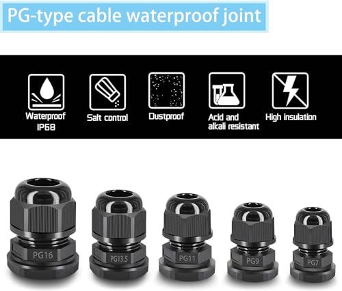 SuperInk 40 Pcs Cable Gland - Plastic Waterproof Adjustable 3-14mm Cable Glands Joints Wire Protector PG7 PG9 PG11 PG13.5 PG16 Cable Connectors