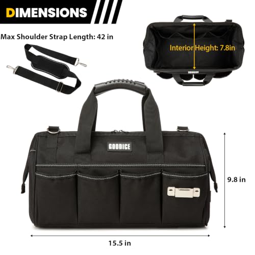 15"Heavy-Duty Tool Bag,23-Pocket Wide Mouth Tool Tote with Adjustable Strap - color: Black