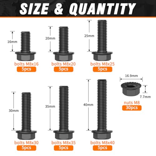 M8 Bolts and Nuts Assortment Grade 10.9 Flanged Hex Bolts Flange Nuts Black - color: Black, size: M8