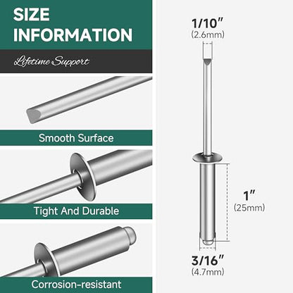 150 Pcs 3/16" x 1" Aluminum Blind Pro Rivets, 5 x 25mm Pop Rivets, 3/16 Rivet Aluminum Grip and Steel Mandrel - color: Silver, size: 3/16" x 1"
