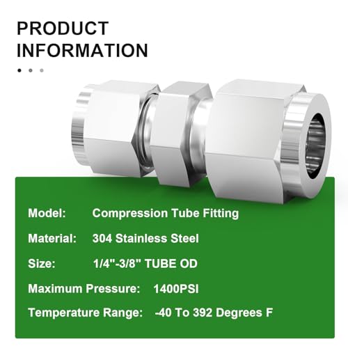 TAISHER 5PCS 304 Stainless Steel Compression Tube Pipe Fitting Connector, 3/8" Tube OD x 1/4" Tube OD - size: 3/8" OD x 1/4" OD
