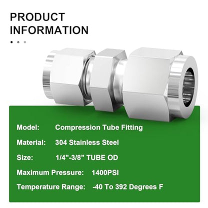TAISHER 5PCS 304 Stainless Steel Compression Tube Pipe Fitting Connector, 3/8" Tube OD x 1/4" Tube OD - size: 3/8" OD x 1/4" OD