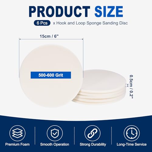 6Pcs 6 Inch Hook and Loop Sponge Sanding Disc, 500-600 Grit - size: 6 Inch 500-600 Grit