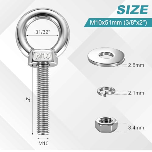 304 Stainless Steel Eye Bolt, M10x51mm (3/8"x2") Heavy Duty Eye Bolts with Nuts Washers, 2 Pack Lifting Ring Eye Bolt for Hanging String Lights Outdoor Tie Down - size: M10x51mm(3/8"x2")