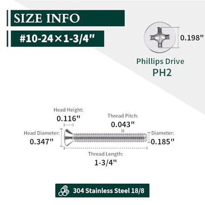 #10-24 x 1-3/4" Flat Countersunk Head Machine Screws, Phillips Drive, 304 Stainless Steel 18-8, Full Thread, Coarse Thread UNC, 50 PCS - size: #10-24 x 1-3/4"