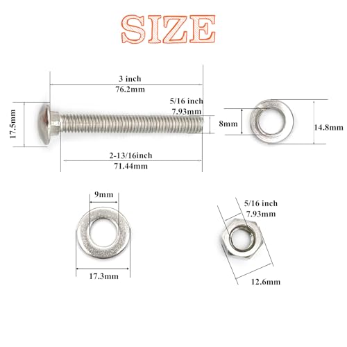 8 Sets 5/16"-18 x3 Carriage Bolts Round Head Square Neck Screws with Hex Nuts Flat Washers Spring Lock Washers 304 Stainless Steel Full Thread Coverage Square Neck Bolts Assortment Kit - size: 5/16"-18 x3"-8 Sets