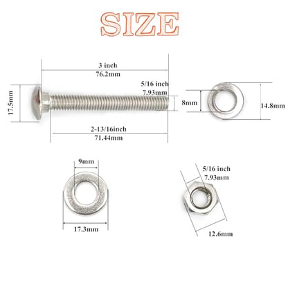 8 Sets 5/16"-18 x3 Carriage Bolts Round Head Square Neck Screws with Hex Nuts Flat Washers Spring Lock Washers 304 Stainless Steel Full Thread Coverage Square Neck Bolts Assortment Kit - size: 5/16"-18 x3"-8 Sets