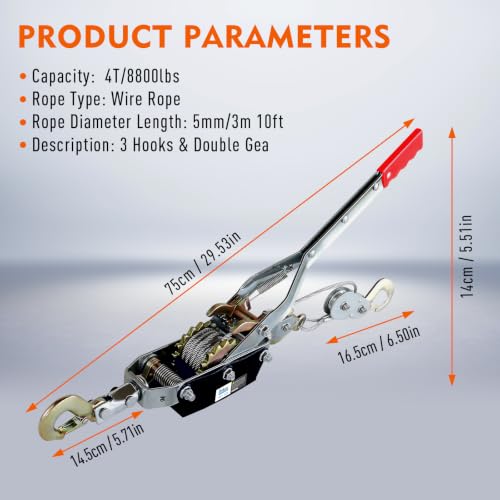 Come Along Winch 4T/8820 lbs Capacity,Come Along Tool with Dual Gears - size: 8800 lbs