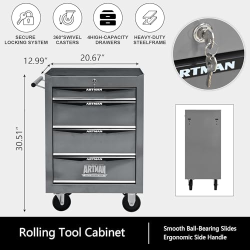 4-Drawer Rolling Tool Chest, Lockable for Garage, Silver - color: Silver, size: 4-Drawers
