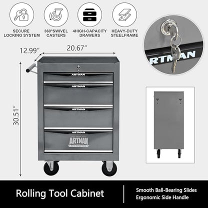 4-Drawer Rolling Tool Chest, Lockable for Garage, Silver - color: Silver, size: 4-Drawers