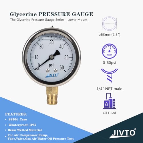 Pressure Gauge,Glycerin Liquid Filled,2.5" Dia,0-60 psi(Single Scale),1/4" NPT Brass Connection,Lower Mount, Stainless Steel Case,for Pneumatic,Pump,Hose,Well Tank,Gas Air Water Oil - size: 0-60 psi, style: lower mount(single scale )