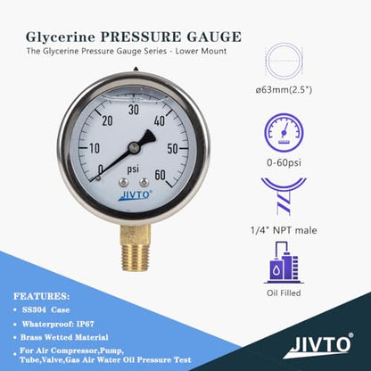 Pressure Gauge,Glycerin Liquid Filled,2.5" Dia,0-60 psi(Single Scale),1/4" NPT Brass Connection,Lower Mount, Stainless Steel Case,for Pneumatic,Pump,Hose,Well Tank,Gas Air Water Oil - size: 0-60 psi, style: lower mount(single scale )
