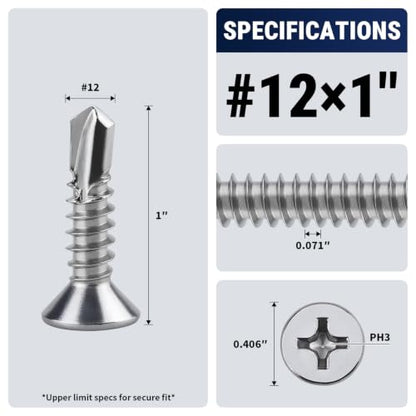 #12 x 1 Phillips Flat Head Sheet Metal Screws, Stainless Steel 410 Self Drilling Screws for Metal, Countersunk Head, Phillips Drive, Self Tapping, 50 Pack - size: #12 x 1"