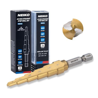 NEIKO 10604A Step Drill Bit, 6 Steps 3/16" to 1/2" Straight High Speed Steel, Titanium Nitride Coated, 1/4" Quick Change Step Bits for Steel, Metal, Wood, Plastic, Unibit Cone Drill Bits, Two Flute - size: #2 (3/16 - 1/2", 6S), style: Straight