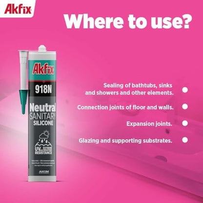 Akfix 918N White 100% Silicone Caulk for Kitchen and Bathroom (12x10.5 fl.oz.) - Solvent-Free, Low Odor, UV & Water Resistant, Fast Curing, Paintable, High Elasticity Silicone Sealant | White, 12 Pack - size: 12 Pack, style: Kitchen&Bath Silicone-White