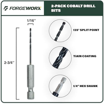 1/16 Inch Cobalt Drill Bits 2pcs Heavy-Duty Metal Drill Bit Set for Steel, Cast Iron, TiAlN Coating, 1/4" Hex Shank (1/16" x 4") - size: 1/16 in