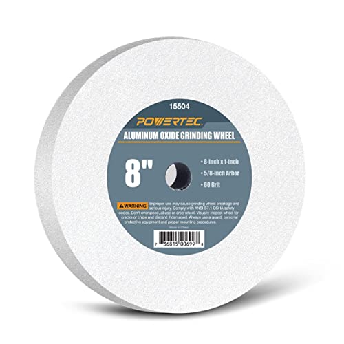 POWERTEC Bench Grinder Wheel 8 Inch 60 Grit, White Aluminum Oxide Grinding Wheel for Bench Pedestal Grinder, 1" Thick 5/8" Arbor, Sharpening & Shaping Drill Bits, Blade, and Chisel 1PK (15504) - size: 60 Grit, style: 8" White AO Wheels, 60 Grit