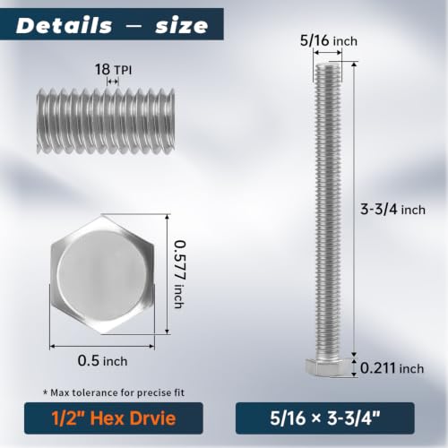 8 Sets Glvaner 5/16-18 x 3-3/4" Stainless Steel Hex Head Screws Bolts, Nuts, Flat & Lock Washers, 18-8 (304) Stainless Steel, Full Thread, Coarse Thread - size: 5/16-18 x 3-3/4"