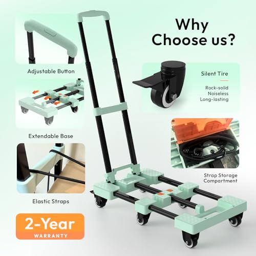 Voipvvii Folding Hand Truck 500lbs, Portable Heavy Duty Dolly Cart, 6 Wheels Collapsible Luggage Cart with 2 Elastic Ropes - Compact Trolley Cart for Easy Moving - Ideal Hand Cart for Travel and More - color: Green