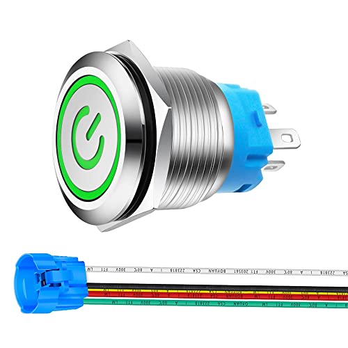 Gebildet 0.87''/22mm Stainless Steel Latching Push Button Switch SPDT 12V-24V/5A Power Symbol LED 1NO1NC ON/Off Waterproof Toggle Switch with Wire Socket Plug (Green LED) - color: green /12-24V