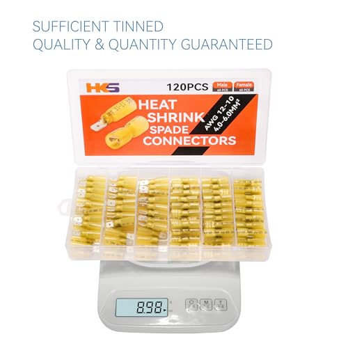 HKS 120PCS/60Pairs Spade Connector Kit - Yellow AWG 12-10 Male & Female Terminal-Heat Shrink Electrical Quick Disconnect Wire Connectors Kit - Tinned Automotive Marine Crimp Waterproof and Insulated - color: Yellow 12-10WG, size: Male & Female