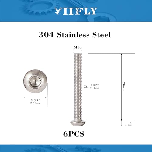M10x1.5 Bolt, M10 x 70mm Button Head Socket Cap Bolts Screws,304 Stainless Steel(A2-70), Allen Hex Drive, Bright Finish, Fully Threaded, Quantity 6 - size: M10 x 70mm(6PCS)