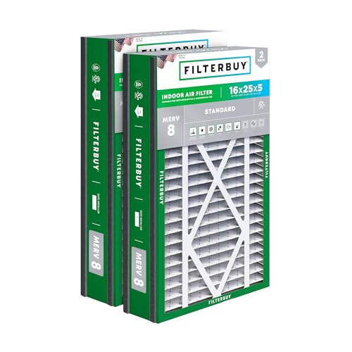Filterbuy 16x25x5 Air Filter MERV 8 Dust & Allergy Defense (2-Pack) - size: 16x25x5 (Actual: 15.63 x 24.13 x 4.88)