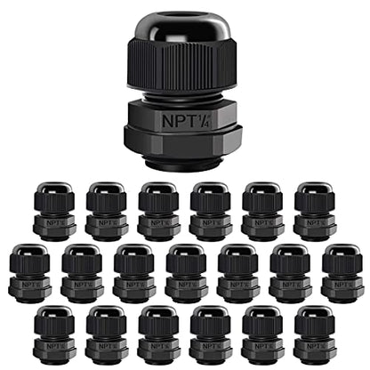 LeMotech 20 Pack NPT 1/4" Cable Glands Waterproof Adjustable 4-8mm Cable Connectors Black Nylon Joints with Gaskets - color: Black, size: 1/4inch 20-pack