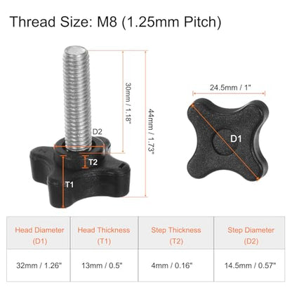 HARFINGTON 6pcs Star Clamping Knobs M8 x 30mm Metric Male Thread 32mm 4-Point Plastic Head Threaded Stud Knob Hand Tightening Thumb Screw Jig Handle, Black - size: M8 x 30mm x 32mm