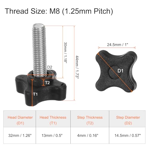 HARFINGTON 6pcs Star Clamping Knobs M8 x 30mm Metric Male Thread 32mm 4-Point Plastic Head Threaded Stud Knob Hand Tightening Thumb Screw Jig Handle, Black - size: M8 x 30mm x 32mm