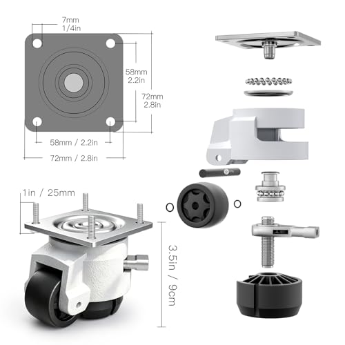 Leveling Casters, Workbench Heavy Duty Casters Set of 4, Upgraded Handle Design Retractable, 360 Degree Swivel Industrial Adjustable Retractable Castor Wheels (60F, 2200 Lbs Capacity, White) - style: 60F-2200LBS-White