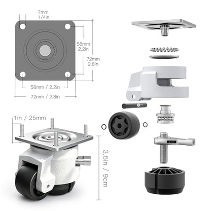 Leveling Casters, Workbench Heavy Duty Casters Set of 4, Upgraded Handle Design Retractable, 360 Degree Swivel Industrial Adjustable Retractable Castor Wheels (60F, 2200 Lbs Capacity, White) - style: 60F-2200LBS-White
