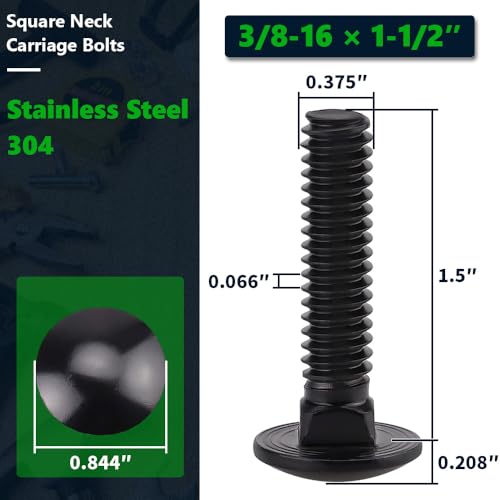 10 Sets 3/8-16 x 1-1/2" Carriage Bolts and Nuts & Flat Washers, 304 Stainless Steel 18-8, Black Coated, Heavy Duty Bolts for Home & Machinery Assembly & Repair, Automobile, by RoyceMart - size: 3/8-16 x 1-1/2"