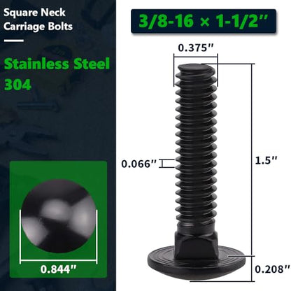 10 Sets 3/8-16 x 1-1/2" Carriage Bolts and Nuts & Flat Washers, 304 Stainless Steel 18-8, Black Coated, Heavy Duty Bolts for Home & Machinery Assembly & Repair, Automobile, by RoyceMart - size: 3/8-16 x 1-1/2"
