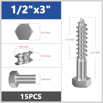 Wensilon Lag Screws Wood Screws (15PCS, 1/2"x3", Silver) Hex Head Lag Bolts,(12x75) Heavy Duty Lag Screws,304 Stainless Steel Bolts 18-8 - color: Silver, size: 1/2"x3"