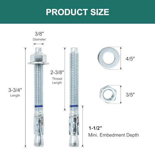 3/8" x 3-3/4" Concrete Anchors (50 Pack) 3/8 inch Wedge Anchors Bolts Zinc Plated - size: 3/8"x3-3/4"