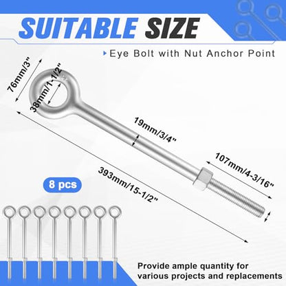 LEIFIDE 8 Pack 3/4'' x 12" Eye Bolt with Nut Rigging Hot Dipped Galvanized Eye Bolt 5200 lb Working Load Limit for Wood Anchoring Chain and Wire Rope - size: 3/4'' x 12"