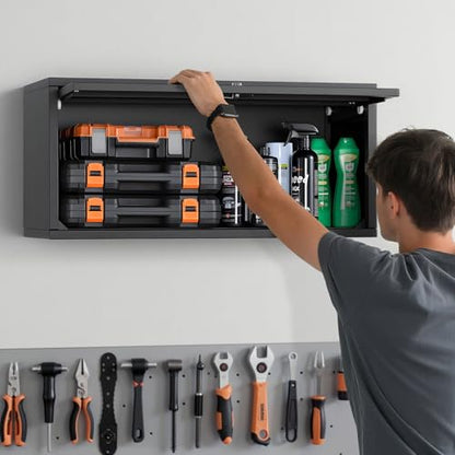 VEVOR Metal Wall Cabinet, 30.31W x 12.01D x 14.02H Inch, Floating Garage Tool Cabinet with Up-Flip Door, 120 lbs Load per Shelf, Fit for Garage, Basement, Kitchen, Warehouse, Assembly Required - size: Upgrade Flip up 14"