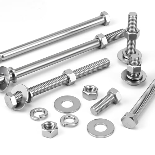 Mellewell 1/4-20 x 2-1/4" Hex Head Bolts with Hex Nuts and Thick Flat & Lock Washers, Fully Threaded, Stainless Steel 18-8, Plain Finish, 8 Sets - color: Silver, size: 1/4-20 x 2-1/4"