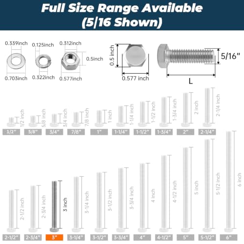 8 Sets Glvaner 5/16-18 x 3" Stainless Steel Hex Head Screws Bolts, Nuts, Flat & Lock Washers, 18-8 (304) Stainless Steel, Full Thread, Coarse Thread - size: 5/16-18 x 3"