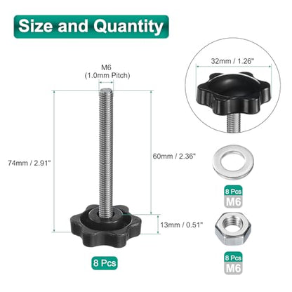 uxcell 8pcs Star Clamping Knobs with Nuts Washers, M6 x 60mm Metric 304 Stainless Steel Male Thread 32mm 6-Star Plastic Head, Threaded Stud Hand Knobs Handles Thumb Screws, Black - size: M6 x 60mm