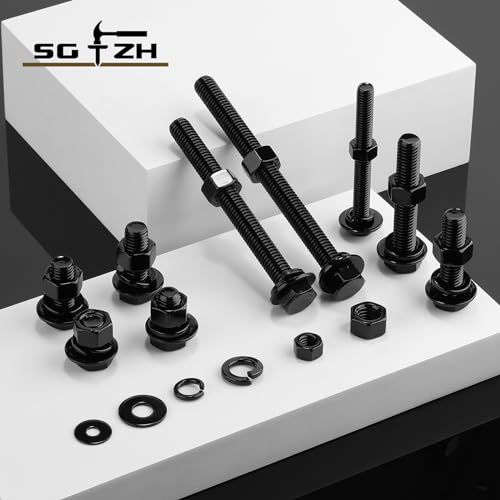 1/2-13 x 6 Hex Head Screw Bolt, Nuts, Flat & Lock Washers, 20Pcs 18-8 (304) Stainless Steel, Fully Threaded, Black Oxide by SG TZH - size: 1/2-13 x 6"